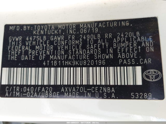 4T1B11HK9KU820196 Toyota CAMRY LE