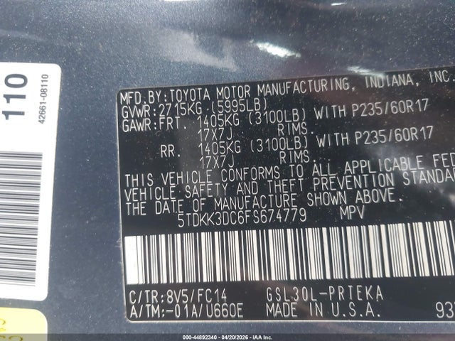 5TDKK3DC6FS674779 Toyota Sienna Le 8 Passenger