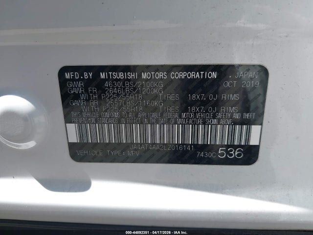 Aukcja sprzedaży 2020 Mitsubishi Eclipse Cross Le 1.5t Awc/se 1.5t Awc/sp 1.5t Awc, vin: JA4AT4AA2LZ016141, numer aukcji: 44892351