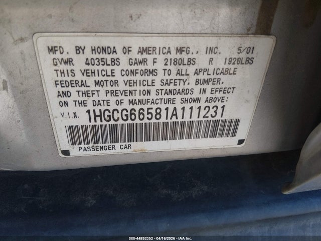 Продажа на аукционе авто 2001 Honda Accord 2.3 Lx, vin: 1HGCG66581A111231, номер лота: 44892352