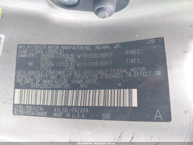 Aukcja sprzedaży 2017 Toyota Sienna Xle 8 Passenger, vin: 5TDYZ3DC2HS887995, numer aukcji: 44892358