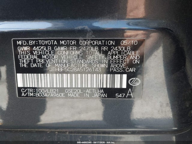 Продаж на аукціоні авто 2010 Lexus Is 250, vin: JTHBF5C28A5126143, номер лоту: 44892365