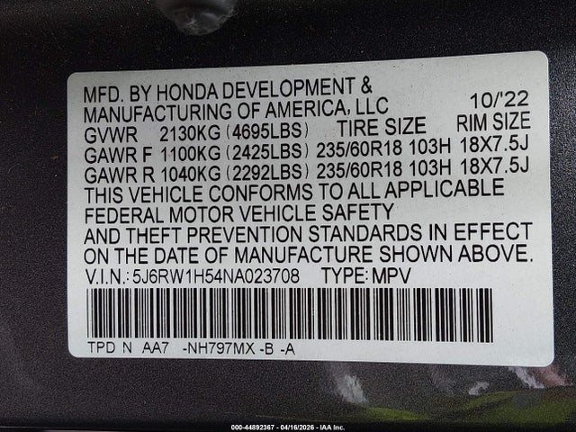5J6RW1H54NA023708 Honda Cr-v 2wd Ex