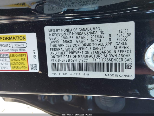 2HGFE2F59PH512521 Honda Civic Sport