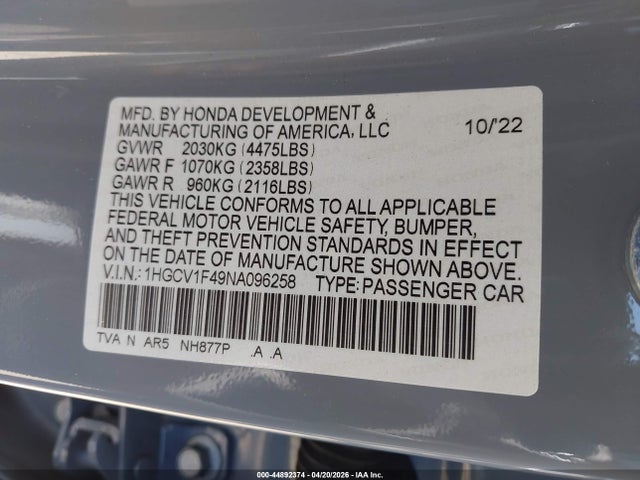1HGCV1F49NA096258 Honda Accord Sport Special Edition