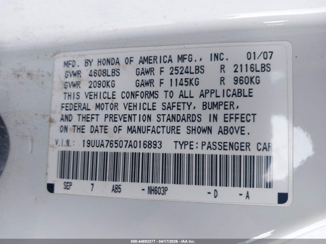 Продаж на аукціоні авто 2007 Acura Tl Type S, vin: 19UUA76507A016893, номер лоту: 44892377