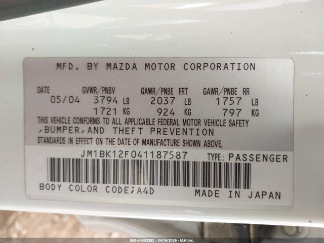 44892382 :رقم المزاد ، JM1BK12F041187587 vin ، 2004 Mazda Mazda3 I مزاد بيع
