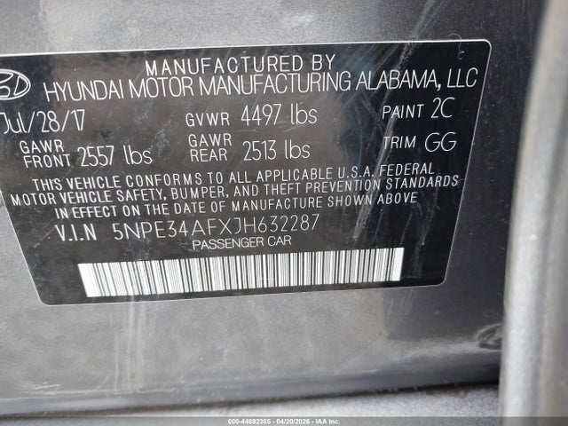 5NPE34AFXJH632287 Hyundai SONATA SEL