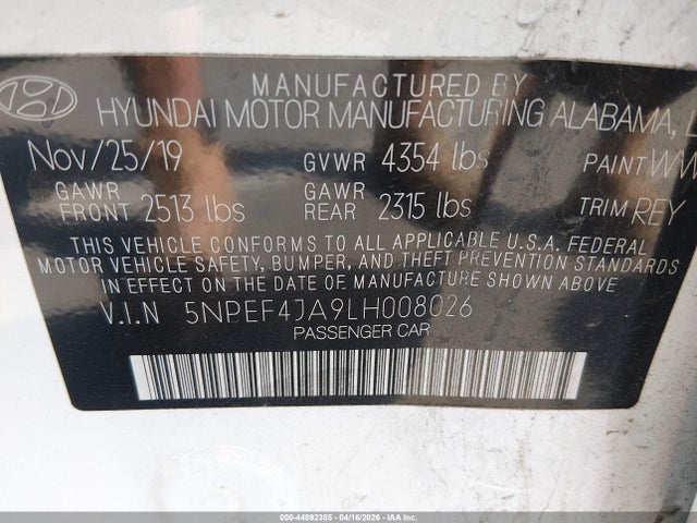 Aukcja sprzedaży 2020 Hyundai Sonata Sel, vin: 5NPEF4JA9LH008026, numer aukcji: 44892385