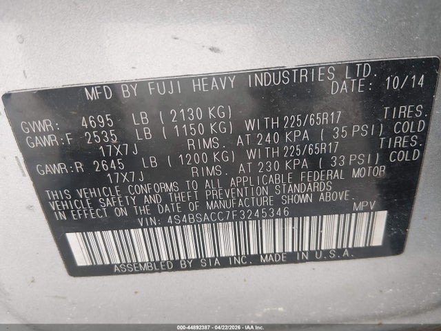Aukcja sprzedaży 2015 Subaru Outback 2.5i Premium, vin: 4S4BSACC7F3245346, numer aukcji: 44892387