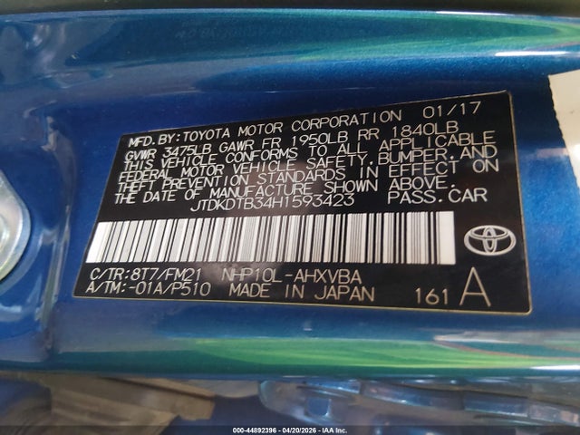 44892396 :رقم المزاد ، JTDKDTB34H1593423 vin ، 2017 Toyota Prius C Two مزاد بيع