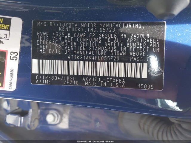 Auction sale of the 2023 Toyota Camry Xse Hybrid, vin: 4T1K31AK4PU055720, lot number: 44892399