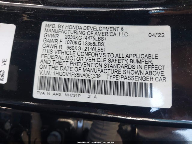 Auction sale of the 2022 Honda Accord Sport, vin: 1HGCV1F35NA051339, lot number: 44892403