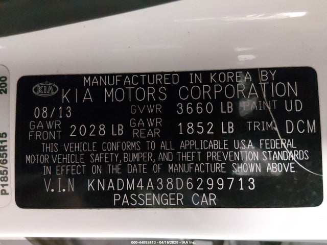 2013 Kia Rio Lx მანქანა იყიდება აუქციონზე, vin: KNADM4A38D6299713, აუქციონის ნომერი: 44892413