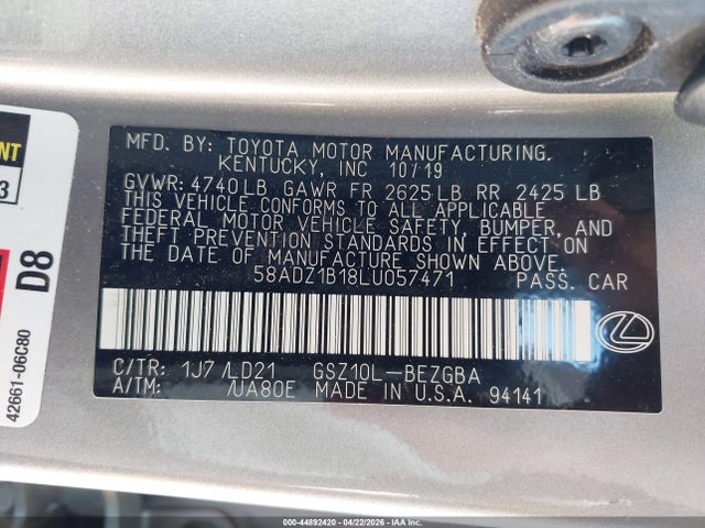 44892420 :رقم المزاد ، 58ADZ1B18LU057471 vin ، 2020 Lexus Es 350 مزاد بيع