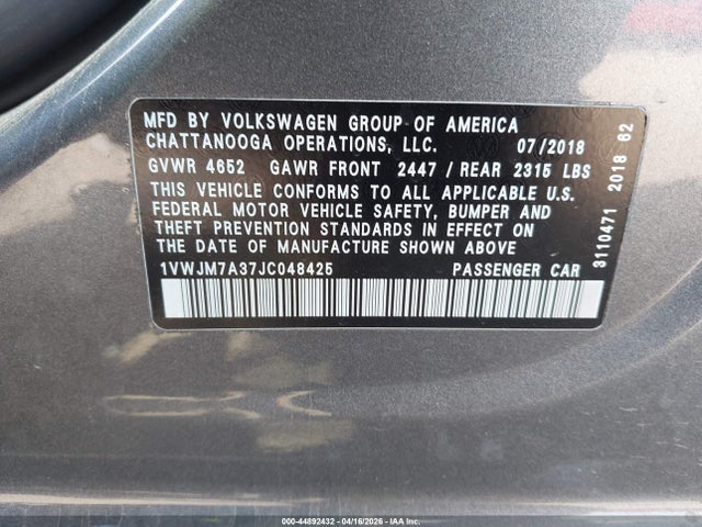 2018 VOLKSWAGEN PASSAT 1VWJM7A37JC048425 Photo 8