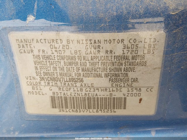 Продаж на аукціоні авто 2020 Nissan Versa S Xtronic Cvt, vin: 3N1CN8DV7LL895256, номер лоту: 44892434