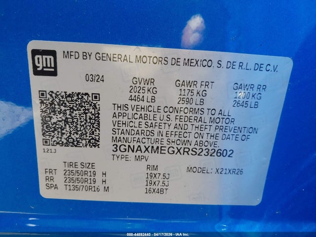 2024 Chevrolet Equinox Fwd Rs მანქანა იყიდება აუქციონზე, vin: 3GNAXMEGXRS232602, აუქციონის ნომერი: 44892440