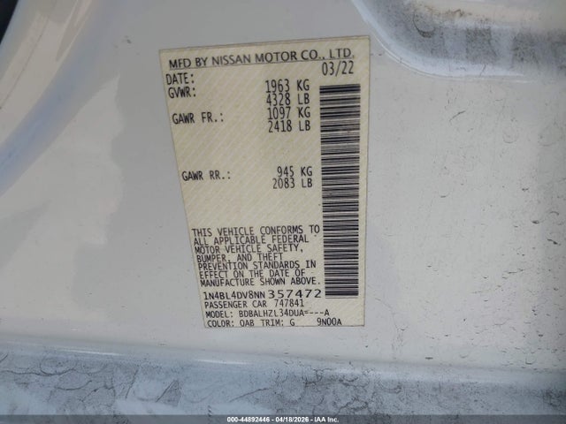 Продажа на аукционе авто 2022 Nissan Altima Sv Fwd, vin: 1N4BL4DV8NN357472, номер лота: 44892446