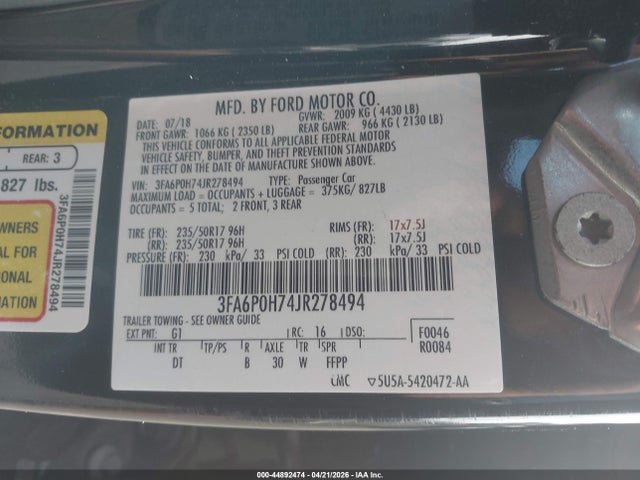 Продаж на аукціоні авто 2018 Ford Fusion Se, vin: 3FA6P0H74JR278494, номер лоту: 44892474