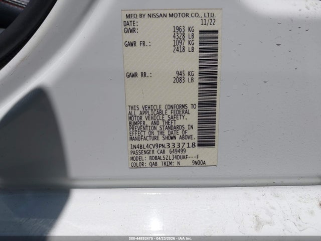 Aukcja sprzedaży 2023 Nissan Altima Sr Fwd, vin: 1N4BL4CV9PN333718, numer aukcji: 44892475