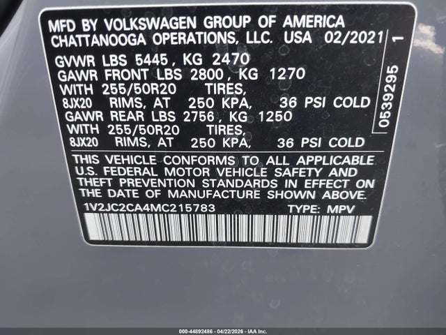 44892486 :رقم المزاد ، 1V2JC2CA4MC215783 vin ، 2021 Volkswagen Atlas Cross Sport 2.0t Se W/technology مزاد بيع