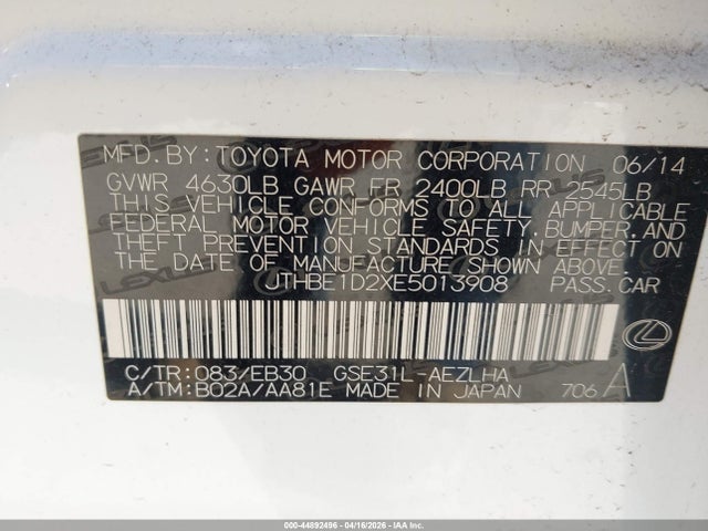 Продажа на аукционе авто 2014 Lexus Is 350, vin: JTHBE1D2XE5013908, номер лота: 44892496