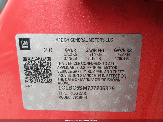 Продажа на аукционе авто 2018 Chevrolet Cruze Ls Auto, vin: 1G1BC5SM7J7206379, номер лота: 44892499