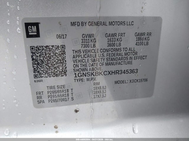 Продажа на аукционе авто 2017 Chevrolet Tahoe Lt, vin: 1GNSKBKCXHR345363, номер лота: 44892504