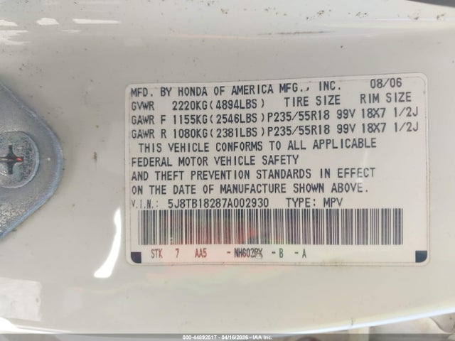 44892517 :رقم المزاد ، 5J8TB18287A002930 vin ، 2007 Acura Rdx مزاد بيع