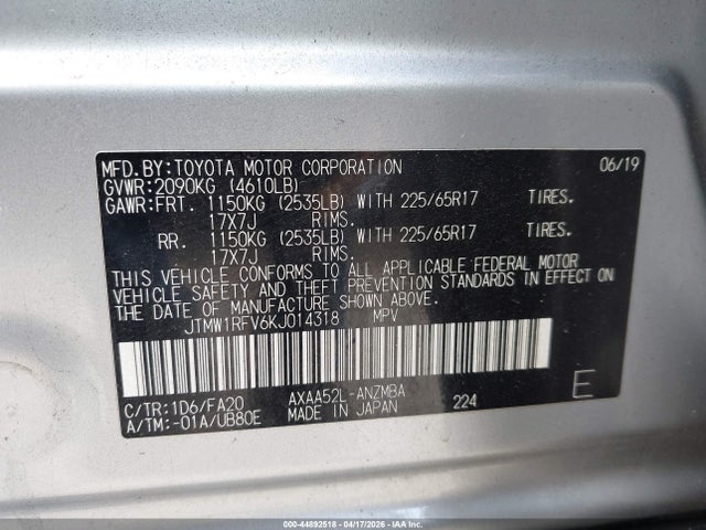 JTMW1RFV6KJ014318 Toyota Rav4 Xle