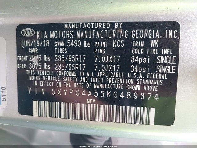 5XYPG4A55KG489374 KIA Sorento 3.3l Lx