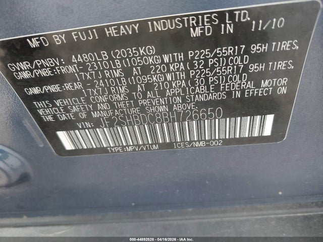 2011 Subaru Forester 2.5x Premium მანქანა იყიდება აუქციონზე, vin: JF2SHBDC8BH726650, აუქციონის ნომერი: 44892528