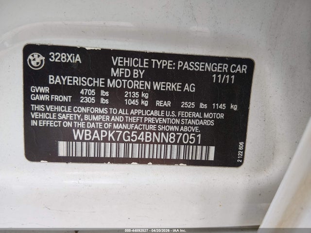 Продаж на аукціоні авто 2011 Bmw 328i Xdrive, vin: WBAPK7G54BNN87051, номер лоту: 44892527