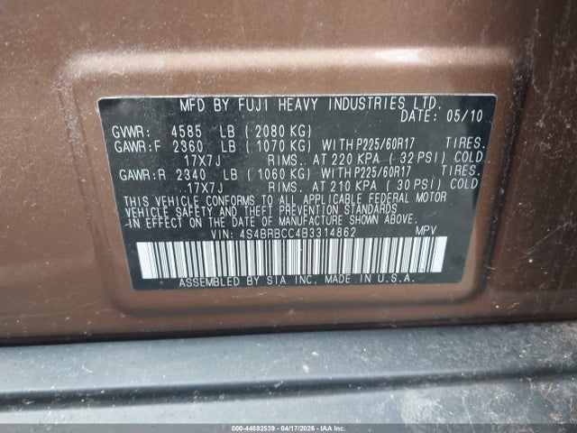 Aukcja sprzedaży 2011 Subaru Outback 2.5i Premium, vin: 4S4BRBCC4B3314862, numer aukcji: 44892539