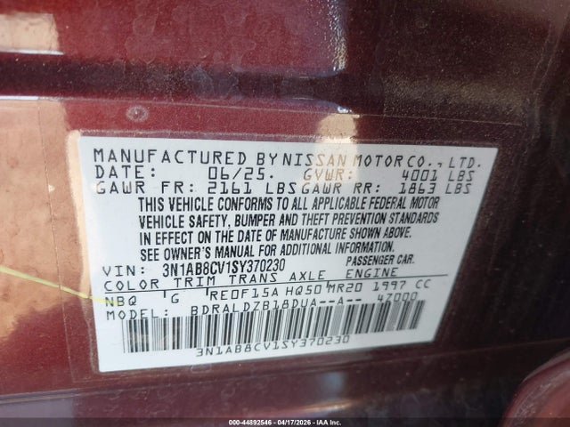 3N1AB8CV1SY370230 Nissan SENTRA SV