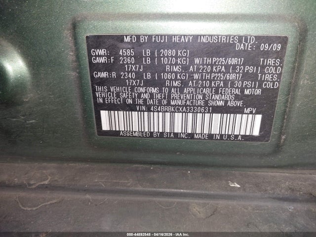 44892548 :رقم المزاد ، 4S4BRBKCXA3330631 vin ، 2010 Subaru Outback 2.5i Limited مزاد بيع