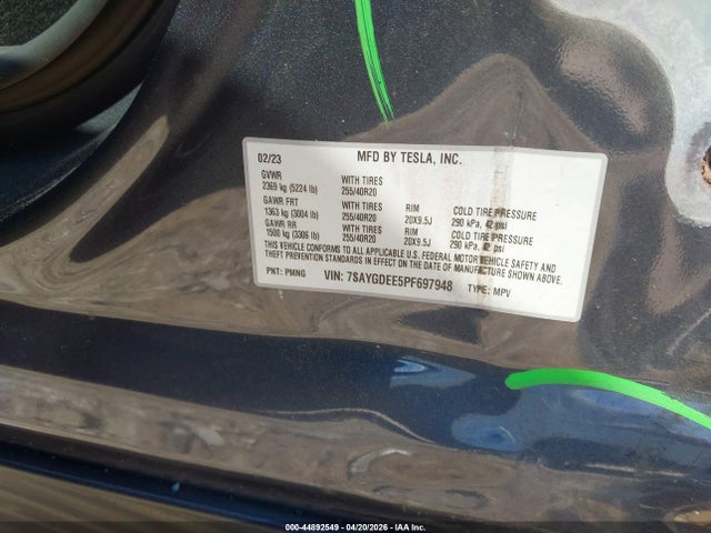 2023 Tesla Model Y Awd/long Range Dual Motor All-wheel Drive მანქანა იყიდება აუქციონზე, vin: 7SAYGDEE5PF697948, აუქციონის ნომერი: 44892549