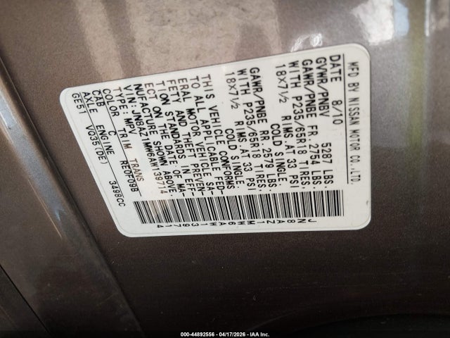 Продаж на аукціоні авто 2010 Nissan Murano Sl, vin: JN8AZ1MW6AW139714, номер лоту: 44892556