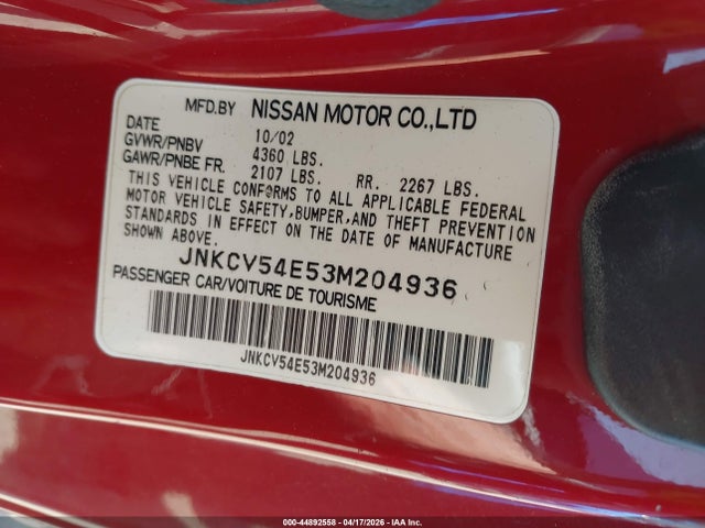 44892558 :رقم المزاد ، JNKCV54E53M204936 vin ، 2003 Infiniti G35 Base W/leather مزاد بيع