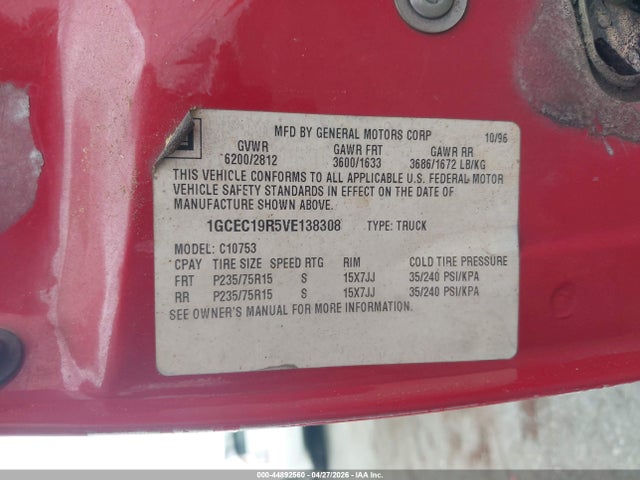 1997 Chevrolet C1500 Fleetside მანქანა იყიდება აუქციონზე, vin: 1GCEC19R5VE138308, აუქციონის ნომერი: 44892560