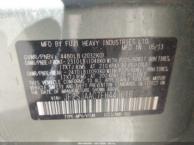 Aukcja sprzedaży 2014 Subaru Forester 2.5i, vin: JF2SJAAC7EH443616, numer aukcji: 44892561