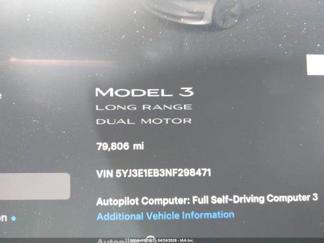 5YJ3E1EB3NF298471 Tesla Model 3 Long Range Dual Motor All-wheel Drive