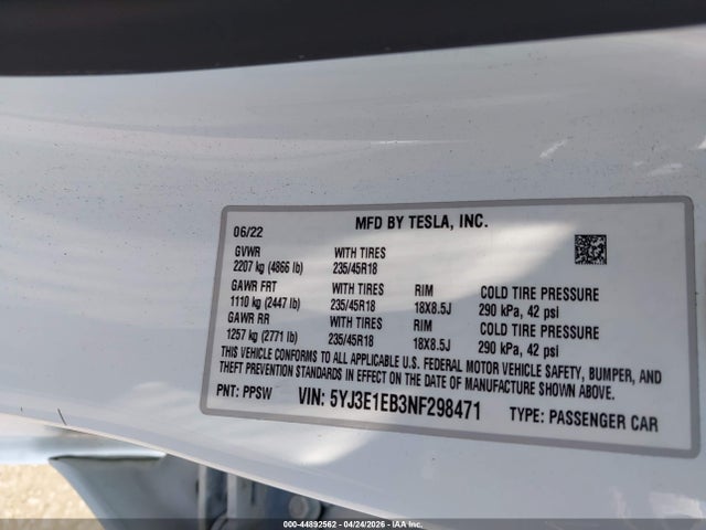 5YJ3E1EB3NF298471 Tesla Model 3 Long Range Dual Motor All-wheel Drive