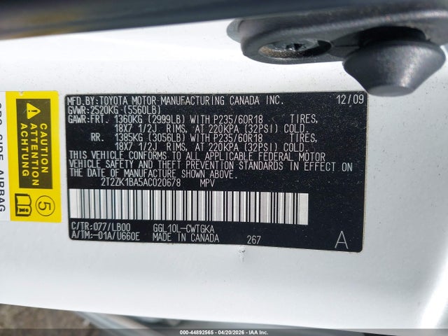 44892565 :رقم المزاد ، 2T2ZK1BA5AC020678 vin ، 2010 Lexus Rx 350 مزاد بيع