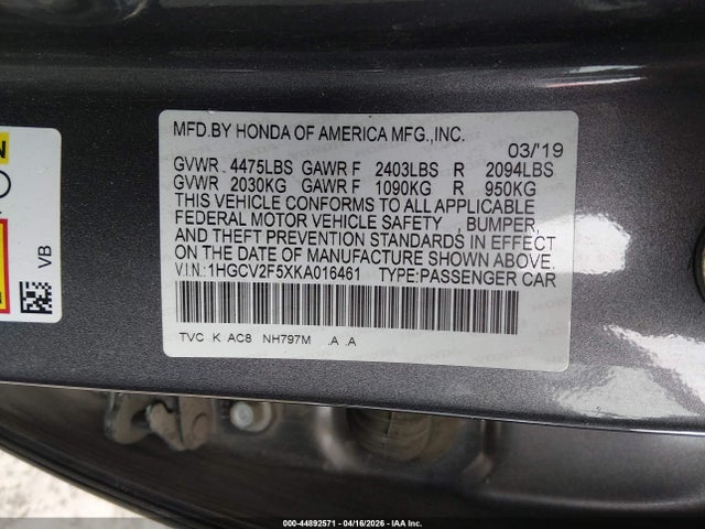 Продажа на аукционе авто 2019 Honda Accord Ex-l 2.0t, vin: 1HGCV2F5XKA016461, номер лота: 44892571