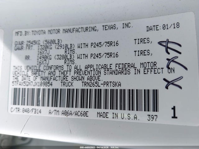 5TFAX5GN7JX109854 Toyota Tacoma Sr