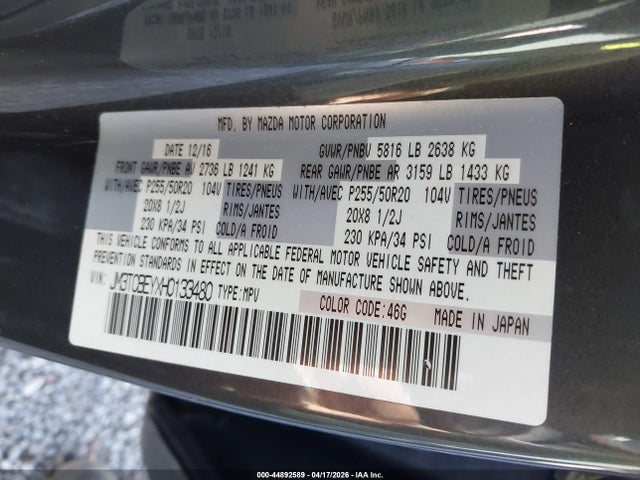 44892589 :رقم المزاد ، JM3TCBEYXH0133480 vin ، 2017 Mazda Cx-9 Signature مزاد بيع