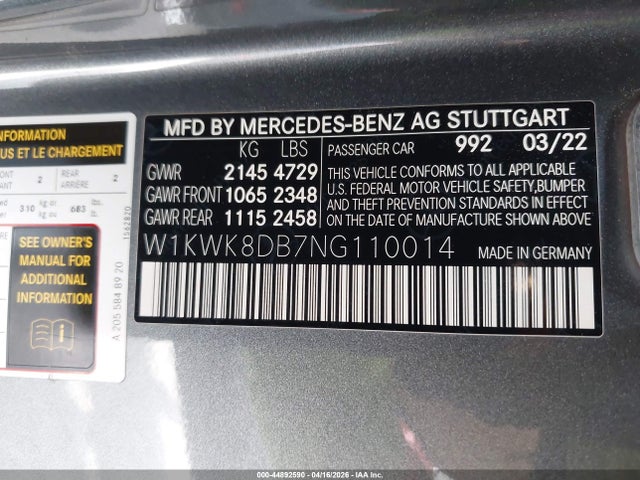 44892590 :رقم المزاد ، W1KWK8DB7NG110014 vin ، 2022 Mercedes-benz C 300 Cabriolet مزاد بيع