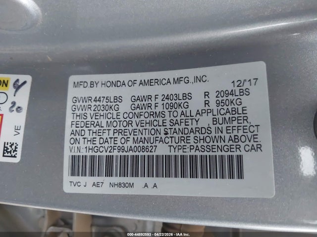 Aukcja sprzedaży 2018 Honda Accord Touring 2.0t, vin: 1HGCV2F99JA008627, numer aukcji: 44892593
